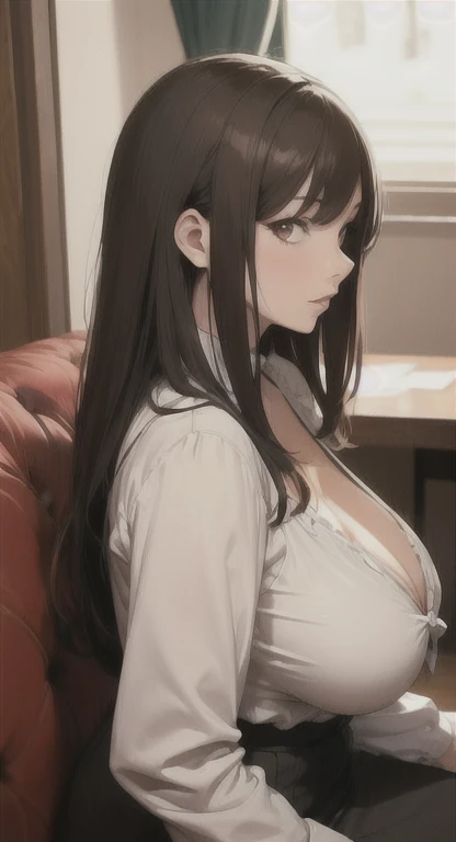 slender, mature female, 1girl, breasts, cleavage, solo, long_hair, skirt, shirt, rating:safe, sitting, lips, large_breasts, indoors, black_hair, looking_at_viewer, parted_lips, pencil_skirt, brown_hair, white_shirt, nose, brown_eyes, long_sleeves, no_bra, collarbone, miniskirt, brown_skirt, medium_breasts, black_eyes, shorts, pantyhose, collared_shirt, dress_shirt, closed_mouth, underwear