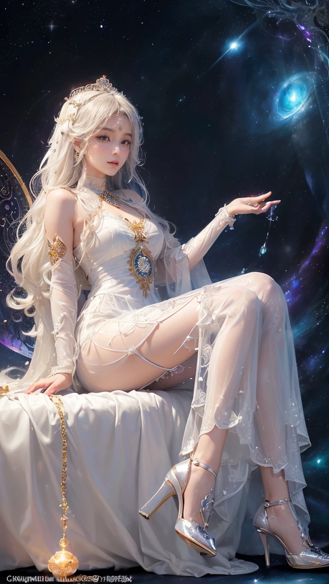 (Shinning fantasy painting, Photorealistic, High-definition, "An extraordinary pretty fairy female, sitting on a luxurious and plush bed, she exudes an ethereal allure. Her delicate and radiant features are accentuated as she dons a breathtaking fairy suit, adorned with intricate patterns and shimmering gems. Her gossamer wings, spread wide behind her, capture the very essence of fantasy. The painting boasts an incredible attention to detail, with every fiber of her wings and every thread of her suit portrayed in stunning photorealism. The high-definition image transports the viewer into a magical realm, immersing them in the beauty
