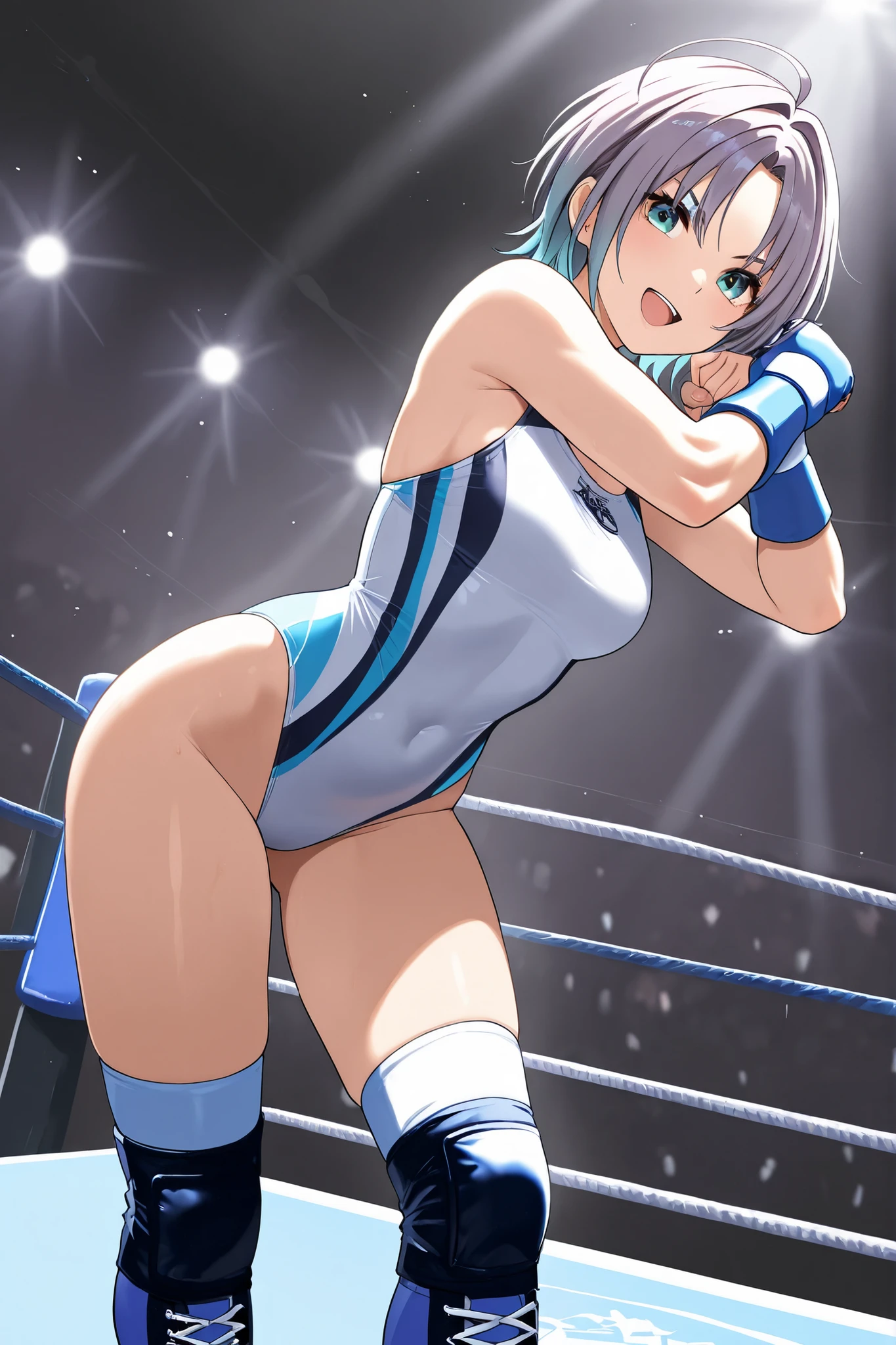 Four athletes(cute、Flat Chest)、Highest quality、Angry、Pubic hair is visible、Nipples、Glaring at the audience、High Jump、legs spread