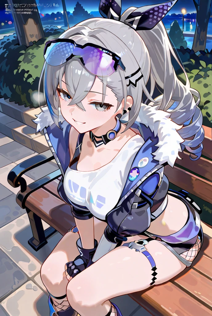 (masterpiece), (best quality), 1girl, solo, (Nu-13), red eyes, (bodysuit), unitard, (skin tight), white hair, braid, ahoge, eyepatch, outdoor, bare shoulders, detached sleeves,