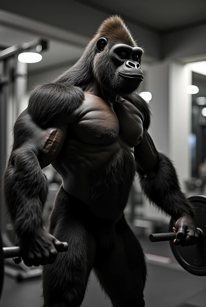 A muscular male gorilla posing sensually standing in a gym wearing short sports shorts, wearing sneakers and a cap on his head during the day, with the body wet with sweat, whole body, big body, sexy body, well detailed, ultra detailed, whole body, big body, NSFW