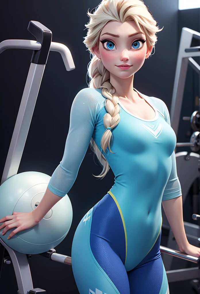 Elsa from frozen, tight bra, tight panties, cleavage cutout, masterpiece, realistic, high resolution, high quality, highest quality, best quality, ultra detailed, extremely detailed, in gym