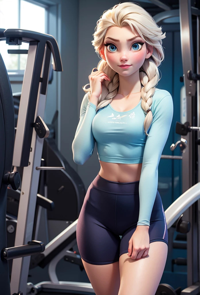 Elsa from frozen, tight bra, tight panties, cleavage cutout, masterpiece, realistic, high resolution, high quality, highest quality, best quality, ultra detailed, extremely detailed, in gym