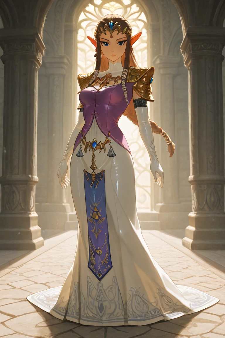 A pretty,Noble Queen,wearing fancy clothes ,Standing tall。The facial features are clear,Looking ahead with contempt,Wear unique noble high heels