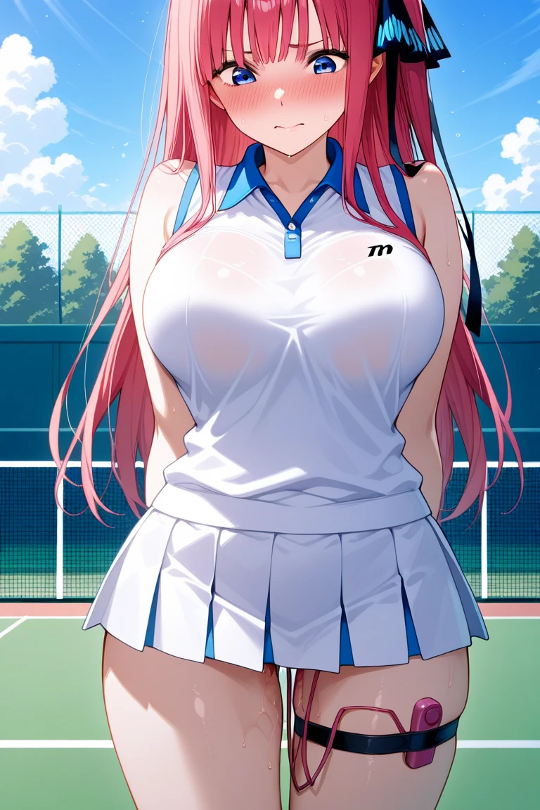 gigantic breasts, wide hips, visor cap, tennis racket, tennis court, crop top, crop top overhang, miniskirt, <lora:Cutesy4-10:0.6>