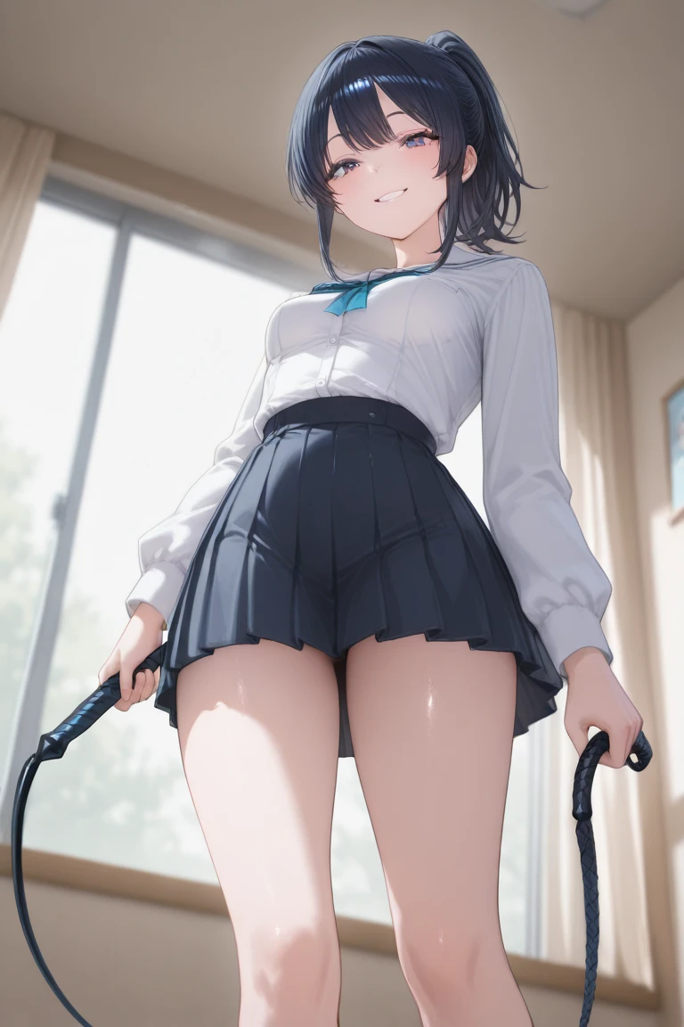 (((((Dildo on the floor:1.5, standing, spread legs:1.5, Point your knees outwards:1.5 ) behind head, spread legs, Push your hips forward,pussy juice , Voluptuous body, Slut、No pants, (Dildo on the floor, standing, spread,arms behind head, Point your knees outwards:1.5, Sweat,)))), Realistic composition, Doujinshi scene,, Big Thighs, Pleated skirt, White Shirt, Angry face, blush, from below, no panty