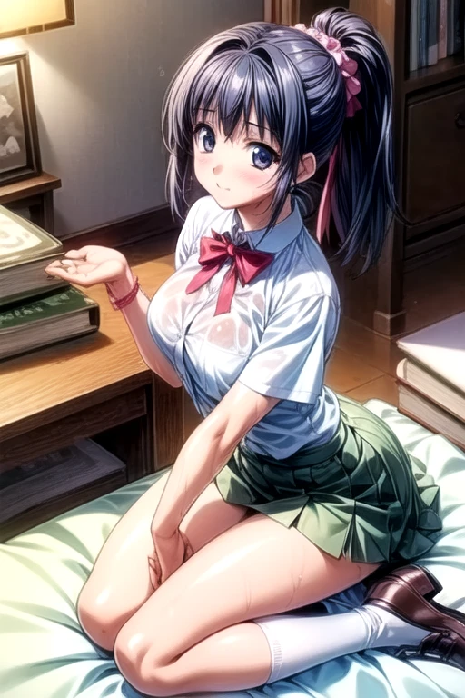 full nude、girl、cute 、pubic hair、濃いpubic hair、tits、small breasts、nipple 、NSFW、thighs、(yoshizuki_Iori,School_uniform_purple_shirt_green_skirt_white_neckerchief_black_Thighhighs)