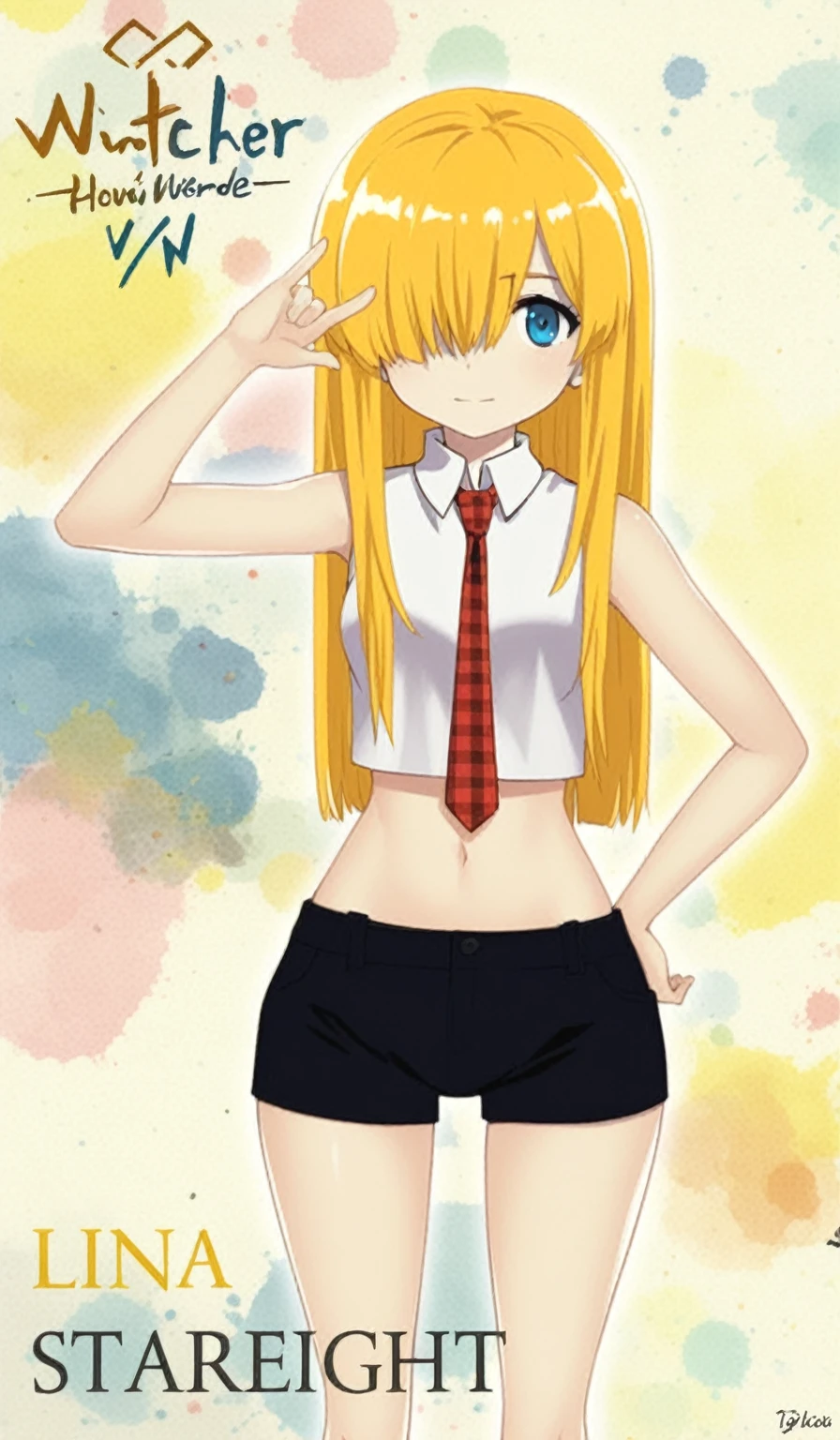 solo, noel vermillion, green eyes, blonde hair, long hair, small breasts, collared shirt, white shirt, white gloves, ((bare shoulders)), blue skirt, microskirt, pleated skirt, black thighhighs (sideboob:0.8), (navel, midriff:0.8), (((abstract background))), light smile, looking at viewer, from side, <lora:noel vermillion (chronophantasma):1>