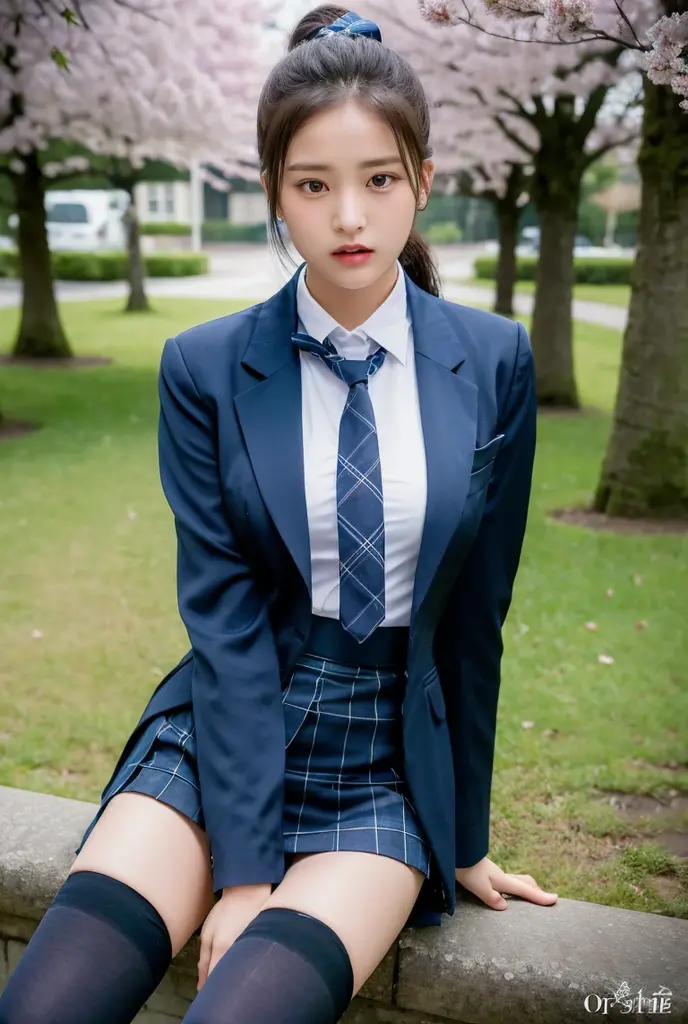 (8K), (highest quality: 1.2), (realistic), (realistic: 1.37), ultra high resolution, 1 girl, cute, angry face, closed mouth, beautiful details, beautiful nose,beautiful hair,ponytail,thighs,university uniform,A simple dark blue satin blazer,Satin White Blouse,A bow tie,pleated skirt,School,Cherry blossom trees in full bloom,(The pattern of the skirt and tie is a dark blue tartan check pattern..:1.3),(The plaid pattern on the skirt is a little small..:1.2),(opaque black thigh high socks:1.4) ,thighsにクローズアップ,look away,