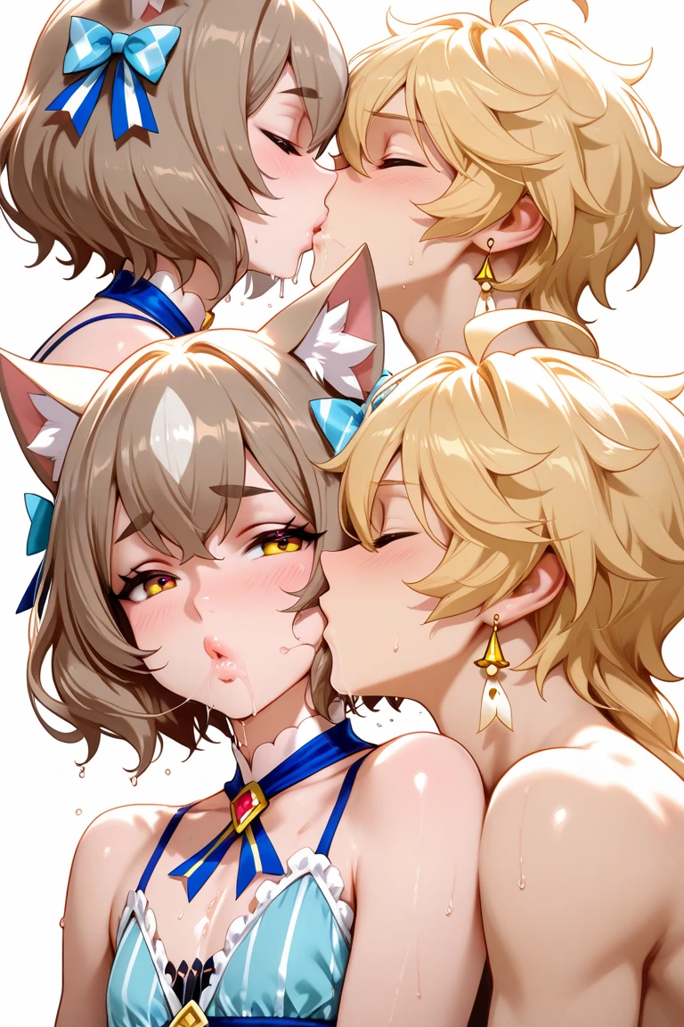 PumaSisters,2girls,blonde hair,longhair,cat ears,
yellow leotard,shoulder armor, (2girls:1.3), cooperative fellatio, saliva, tongue, smug, looking at viewer, pov, indoors, dark, penis, 1boy,