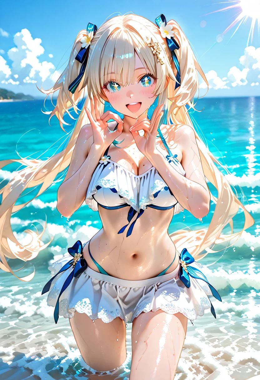 ((Best Quality)), (ultra-detailliert), ((Extremely detailed)), (Beautiful), ((Kawaii Girl)), ((UHD)), (masterpiece), (high quality), (best quality), (4K), (high quality), 1, solo girl, 1girl, ((platinum blond hair)), parted bangs, ((hair intakes)), long hair, (hair two side up long), ((jade colored eyes)), slanted eyes, large breasts, slender body, lite blue frilled bikni, (strings frilled) bikini, Pool Background, (blue sky:1.3), solar, sunlight, anime