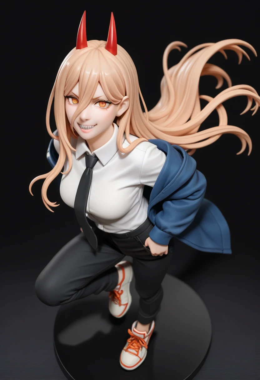 (full body:1.3), figure, (((Detailed face)), 1girl, power, (girl is power from chainsaw man), smile, yellow eyes, cross-shaped pupils, symbol-shaped pupils, blonde hair, very long hair, red horns, demon horns, hair between eyes, white shirt, collared shirt, black necktie, blue jacket, , black pants, shirt partially tucket in, collared shirt, sharp teeth, looking at viewer. She is with one white cat. black background, masterpiece, accurate, top quality, high resolution model, high detail, beautiful detail, high resolution, 8K, realistic Rendering, Ultra Realistic Detail, (Anatomically correct), Stylistically diverse, dynamic shot, high quality, gives depth and openness to scene, depth of field, background blur, energetic composition, cinematic light, auralora, 