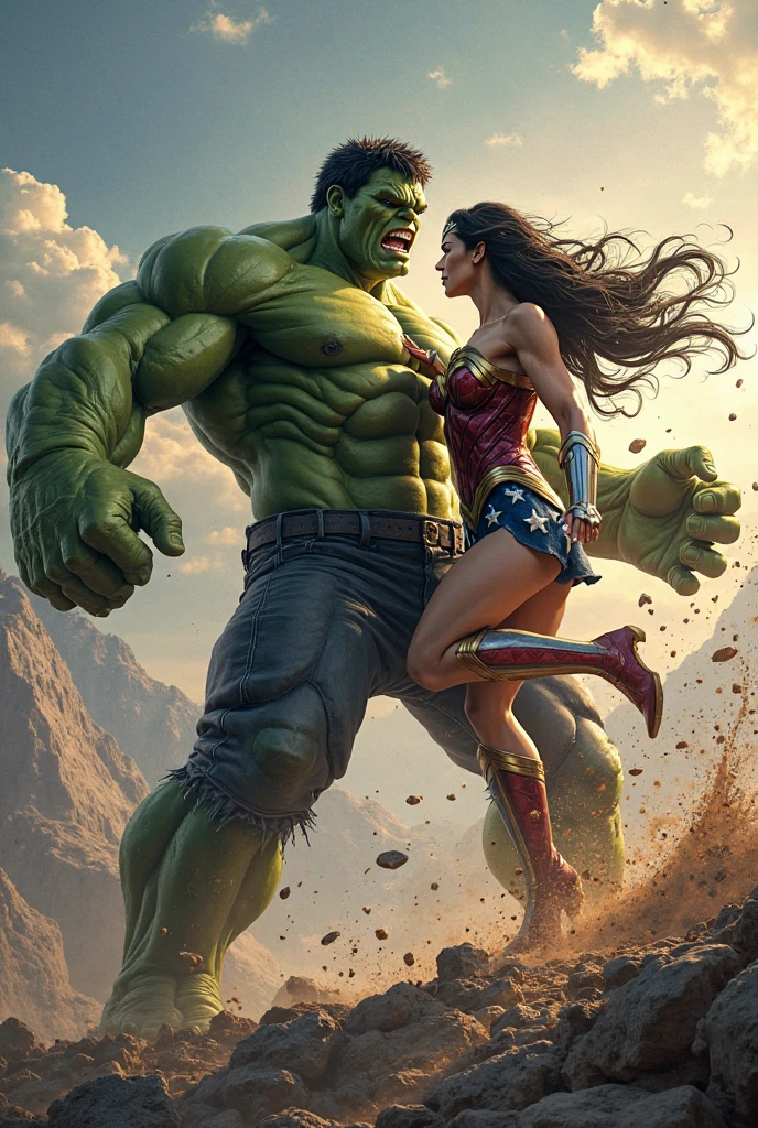 Wonder Woman jumping on a Hulk 's private part