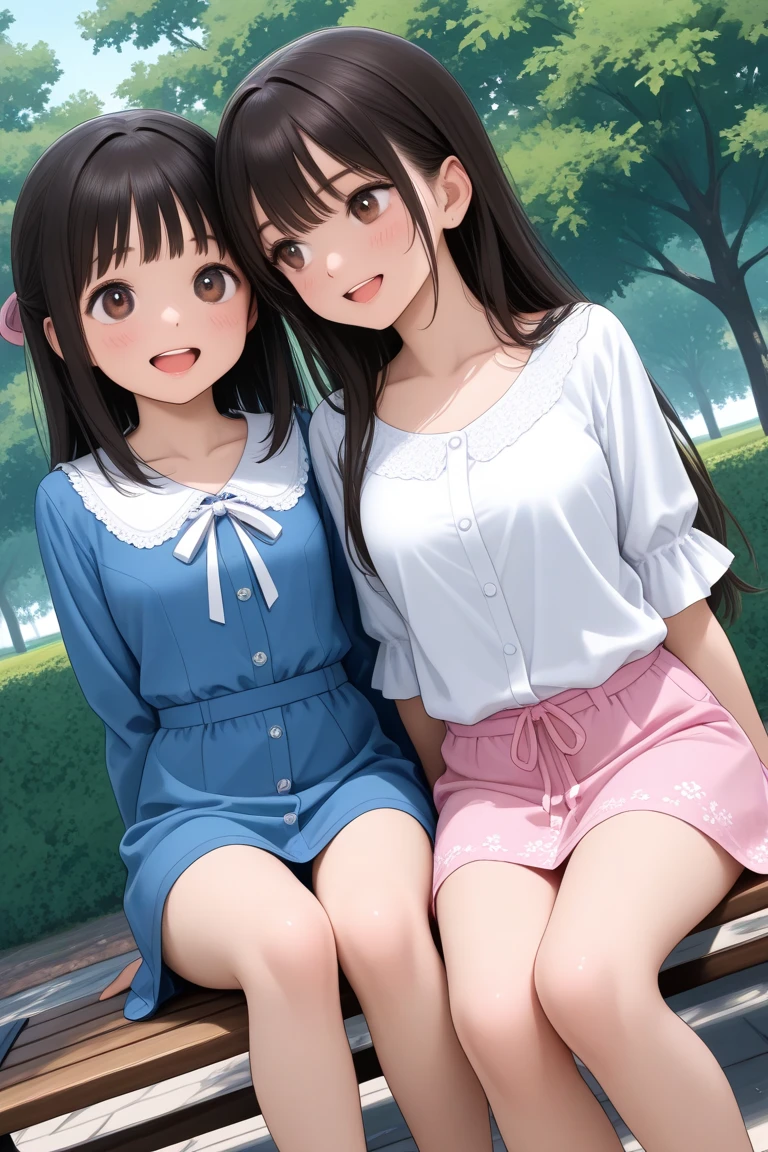 Very detailed, Highest quality, High resolution, Moe Anime, ((Two cute girls:1.4)), (tareme:1.4), (Black Hair:1.4), ((Wearing large round glasses:1.4)), (Baby Face), Cute eyes, Detailed eye depiction, Eyes sparkling, View your audience, Pale skin, (Big eyes:1.4, Droopy eyes:1.4, Torogao:1.4), Focus on the face, In the park where cherry blossoms are falling, (smile:1.4), ((Sheer white lace sleeveless dress)), Bright Eyes, large and long tongue, (Flat Chest:1.2), ribbon, ((Nipples are visible through the fabric)), (Braided hairstyle:1.4), ((nsfw)), ((Petite)), ((Young))