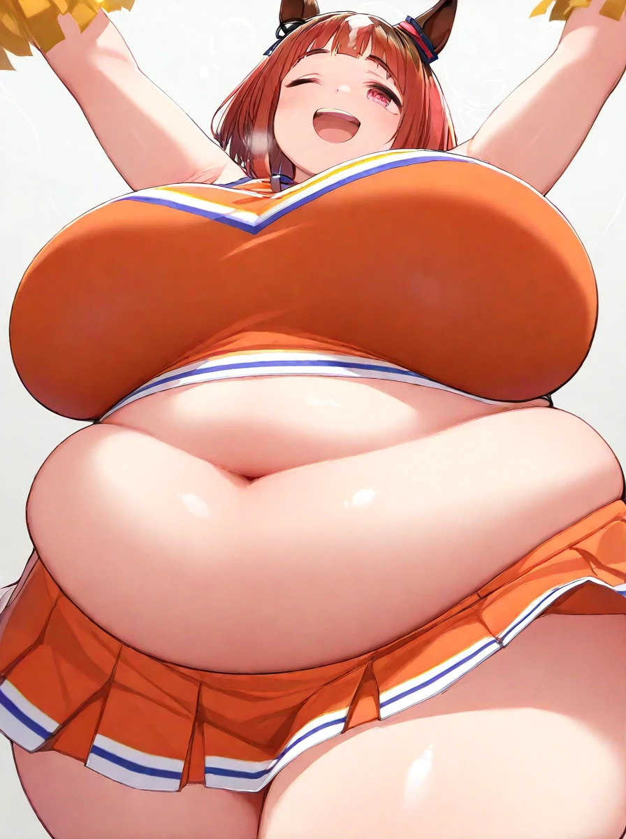 art by kipteitei, 1girl, Orihime, cheerleading uniform, massive belly, massive breasts, chubby (best quality, masterpiece)