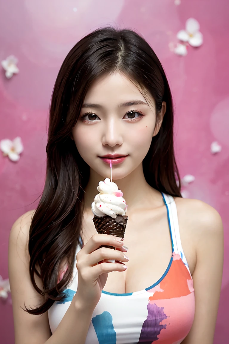 (1girl), cute, blond hair, hairbuns, (woman (eating a icecream), red polka dot bow,pink background, off shoulder,palm leaf side view, (magazine cover:1.2),sticker, aestheticism),(heart shape Pink balloons in background:1.2), long hair, looking at viewer, facing viewer, from side, fluid,in the style of Yayoi Kusama, soft smile, detailed skin texture, (blush:0.5), (goosebumps:0.5), subsurface scattering, (masterpiece, top quality, best quality, official art, beautiful and aesthetic:1.2), (medium breasts), extreme detailed, (colorful), highest detailed