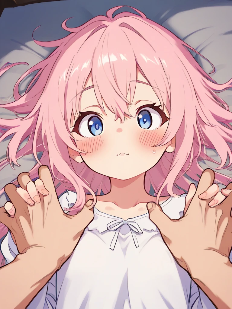 With a knife held to my throat、Teary-eyed pink-haired girl、blue eyes