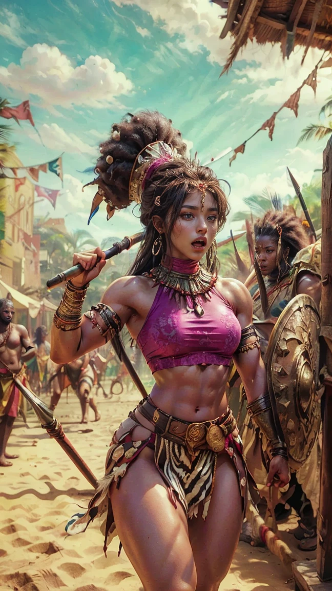 Female Khmer warrior, long black hair, dark brown tanned, Armour on, bangles, Angkor temple, full body, holding weapon, long sexy volume tied hair up, crowd on the head, wearing jewelry, Sak yant tattoos on the arm, curvy body, wear red wrap sarong outfits, dark skinned, cute face, big lips, Diamond shape faces, wide nice nose, defined features on the face, apsara jewelry on, gold leaves jewelry, fighting at war, Armour bra top, sword and shield, Takeo in Cambodia, temple, show full body to foot and toes, wear sandals, khmer men soldiers behind