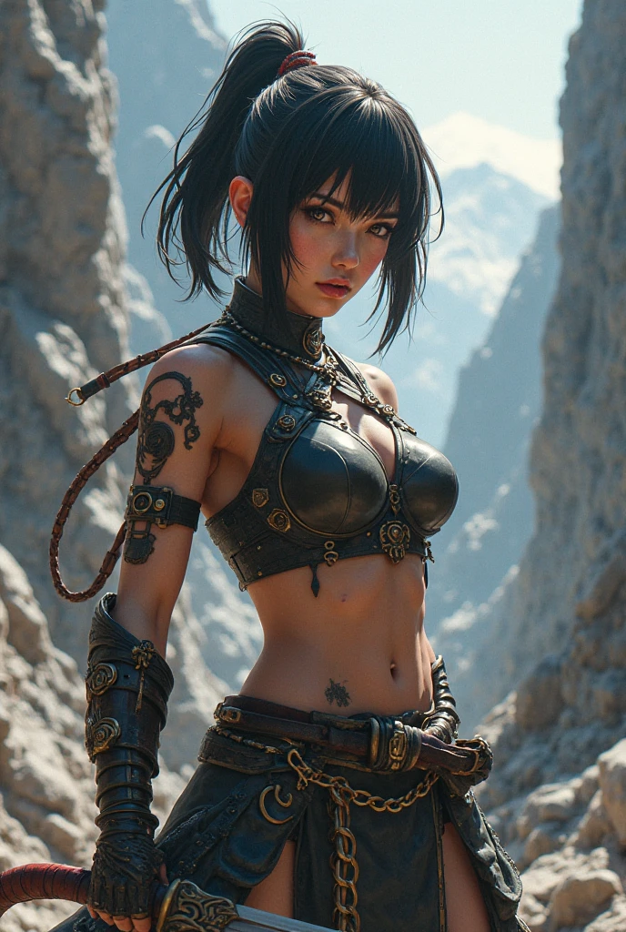 emeraldsustrai, emerald sustrai, short hair, (red eyes:1.5), green hair, dark skin, dark-skinned female, BREAK navel, cleavage, midriff, belt, cleavage cutout, chaps, BREAK sitting in city ruins on hill, in valley, BREAK mountains in background, waterfall, crowd, (crowd in military dress), post-apocalypse, dystopian future, (volumetric lighting), intricate details, tonemapping, sharp focus, hyper detailed, (cowboy shot:1.5), BREAK (masterpiece:1.2), best quality, high resolution, unity 8k wallpaper, (illustration:0.8), (beautiful detailed eyes:1.6), extremely detailed face, perfect lighting, extremely detailed CG, (perfect hands, perfect anatomy),