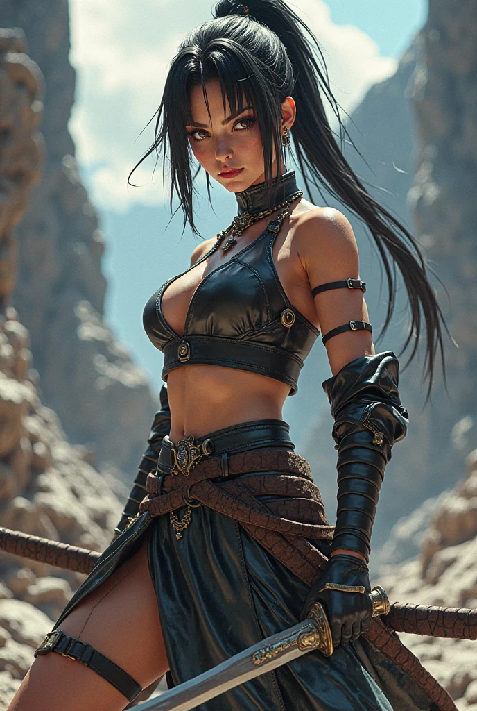 Female version of Dragon Knight Shiryu, wearing only the lower part of the armor, coastal view, with his dragon tattoo on his back in front of a waterfall
