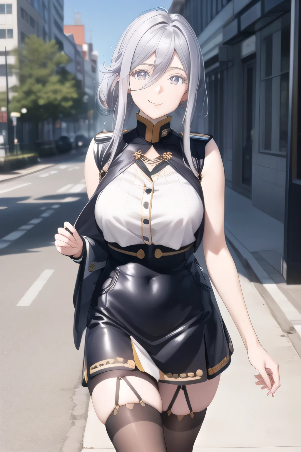 can you draw a picture of them strolling along the lakeside,A woman with a very nice smile,can you draw a more delicate expression,Police officers in ,draw big breasts,The face is absolutely necessary,accurate representation of hands and feet,sleeveless black wool sweater,Hide your chest with a costume,wearing long socks with garter belts on both legs,can you draw blondes,,Pleated Mini Skirt, beautiful smiling woman ,walking alone, city tour ,,(((, wear casual tourist style clothes))),,(Let's draw a more delicate look),(sleeveless wool sweater),( black leather skirt,Pleated Mini Skirt,white panties),(That work is enough for one person )、 Animated CG
