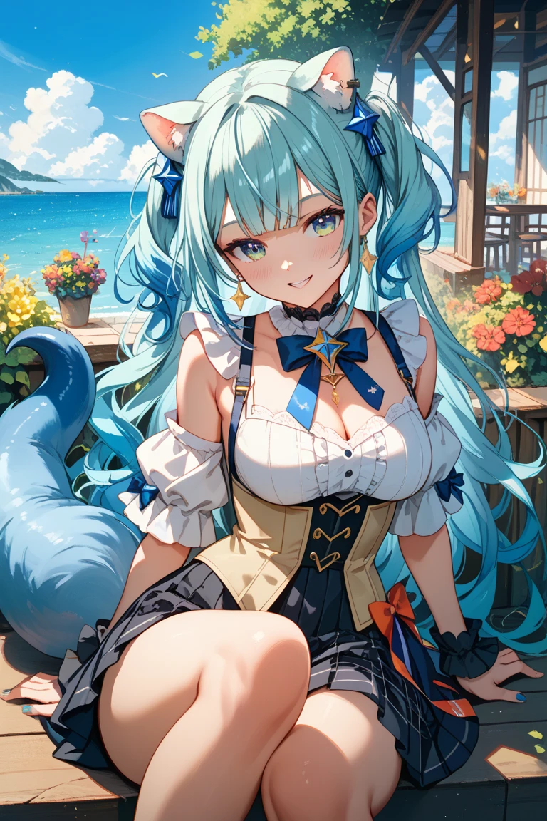 masterpiece, best quality, 1girl, (sky blue hair, long hair, detailed hair, cat ears, sky blue eyes, black hair ribbons, gothic dress:1.2), cute, (curvy, slim waist, bottomheavy, gigantic thighs, extremely wide hips:1.1), beach, on knees