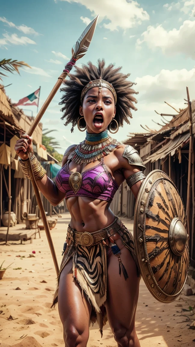 Warrior woman, africaine, physique forte, attirante, Combattante, dans un desert