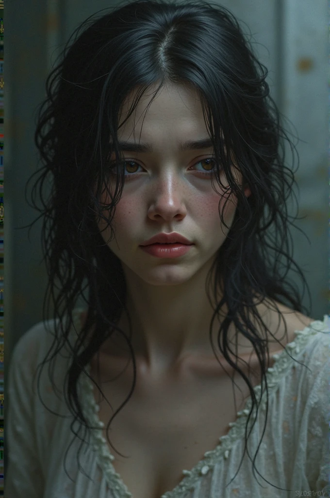 Best picture quality, masterpiece, ultra high resolution, (fidelity :1.4), photo, 1 girl,[(sadness)],white shirt, Dim, dark, desperate, pitying, pitiful, cinematic,tear,teardrop,(Torn clothes:1.5), (Wet clothes:1.4), bare shoulders,Real rain,wet hair,..