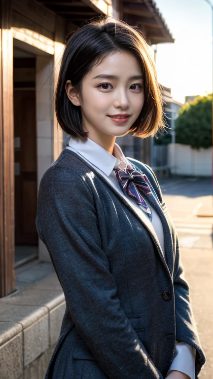 (highest quality,8K quality,masterpiece:1.3),(Super high resolution,Photoreal:1.4,Raw photo),(super detailed,caustics,detailed background),(ultra-realistic capture,Beautifully detailed skin,perfect anatomy),at dusk,sunset sky,school building,schoolyard,18-year-old,cute,single eyelid,black short bob,School Blazer Uniform,look at the camera,laughter,bust up shot,natural soft light