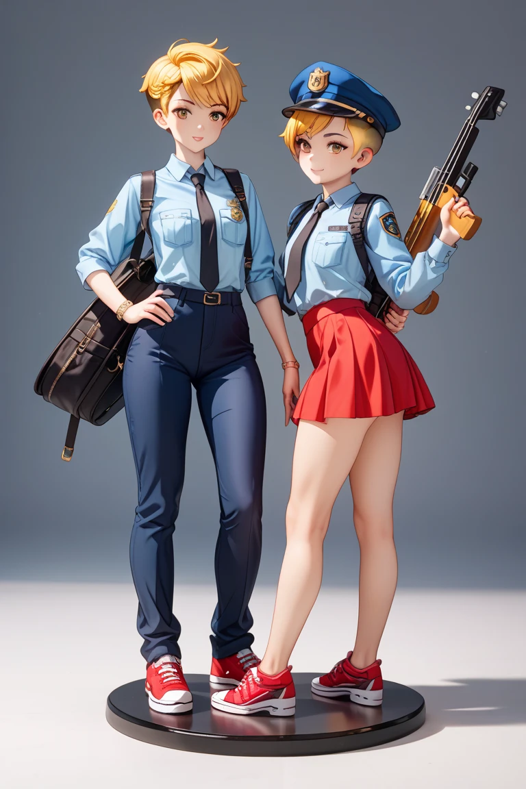 onoffunder,onoff, side-by-side photo,1 girl, <lora:onoffunder:0.9>, masterpiece, high quality, best quality, beautiful, perfect lighting, detailed face, detailed body,, (((photorealistic, hyper-realistic, RAW photo:1.2))), intricate details, 8k uhd, perfect face, perfect eyes,, and18, android 18, solo, blonde hair, blue eyes, short hair, earrings, jewelry, denim vest, open vest, black pantyhose, black shirt, ((denim skirt)), striped long sleeves, (blue skirt), (brown boots) <lora:android_18_v110:0.3>,
