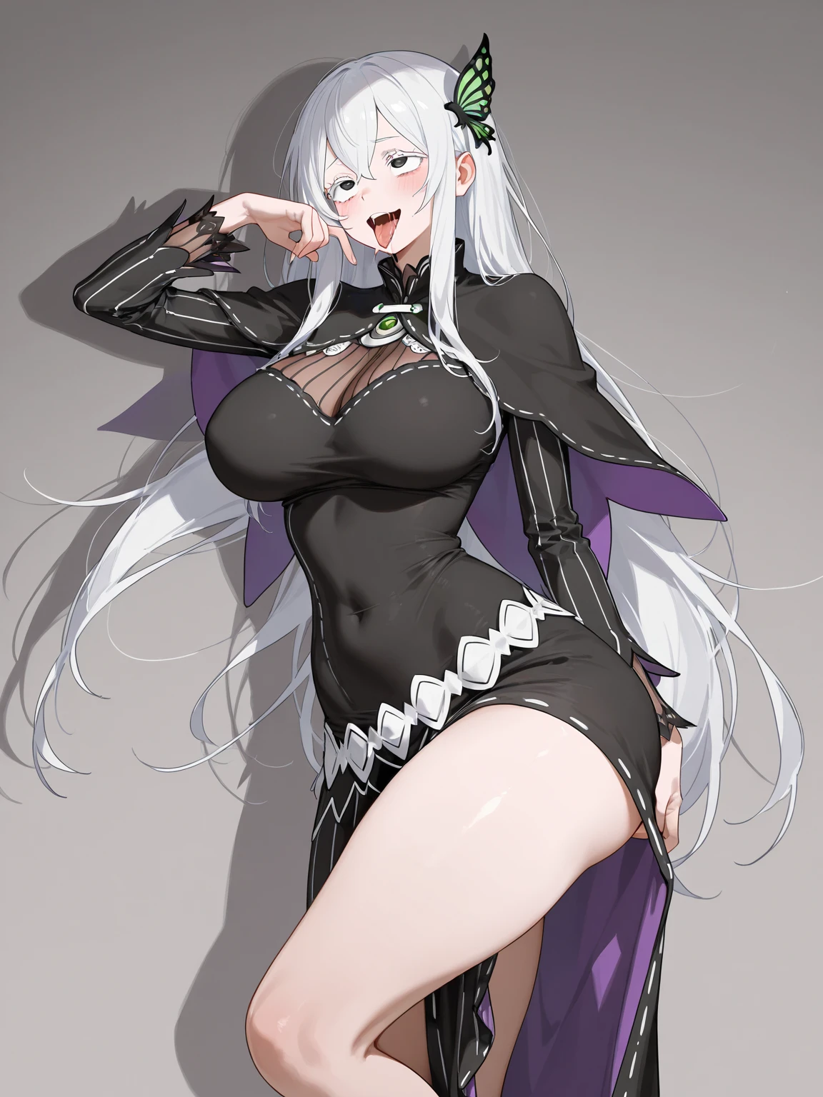 masterpiece, best quality, highres, def1, black dress, medium breasts, covered navel, sexy, <lora:echidna2:1.0>, standing, cowboy shot, garden, blue sky, clouds