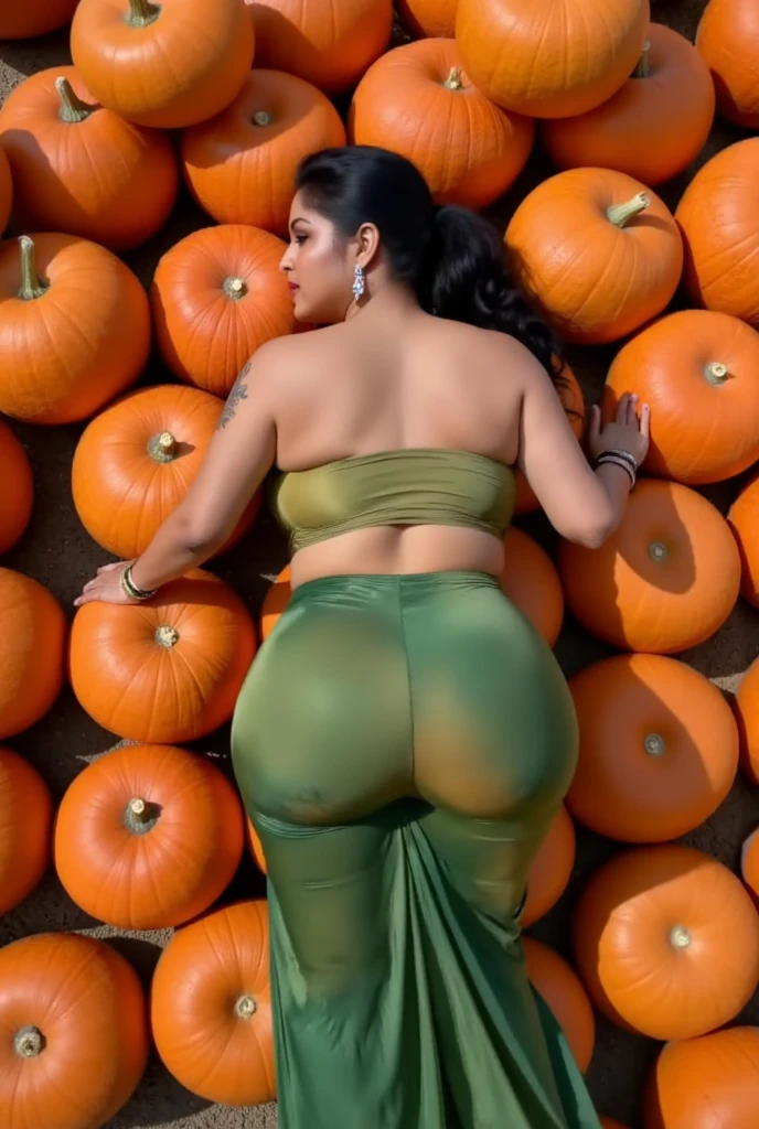 Nsfw. extreme close up photo of back of naked 30 years old naked nayanthara lying on big pumpkins with wide open spread naked ass anal from top view, hourglass figure, swooping breasts, deep cleavage, curvy, armpits, seductive eyes, ass, look at viewer lusciously, subtle smile, erotic standing having sex with big pumpkins with wide open spread legs, showing her asshole, green vintage Saree, red lips, sultry, ponytail, 4K, HD