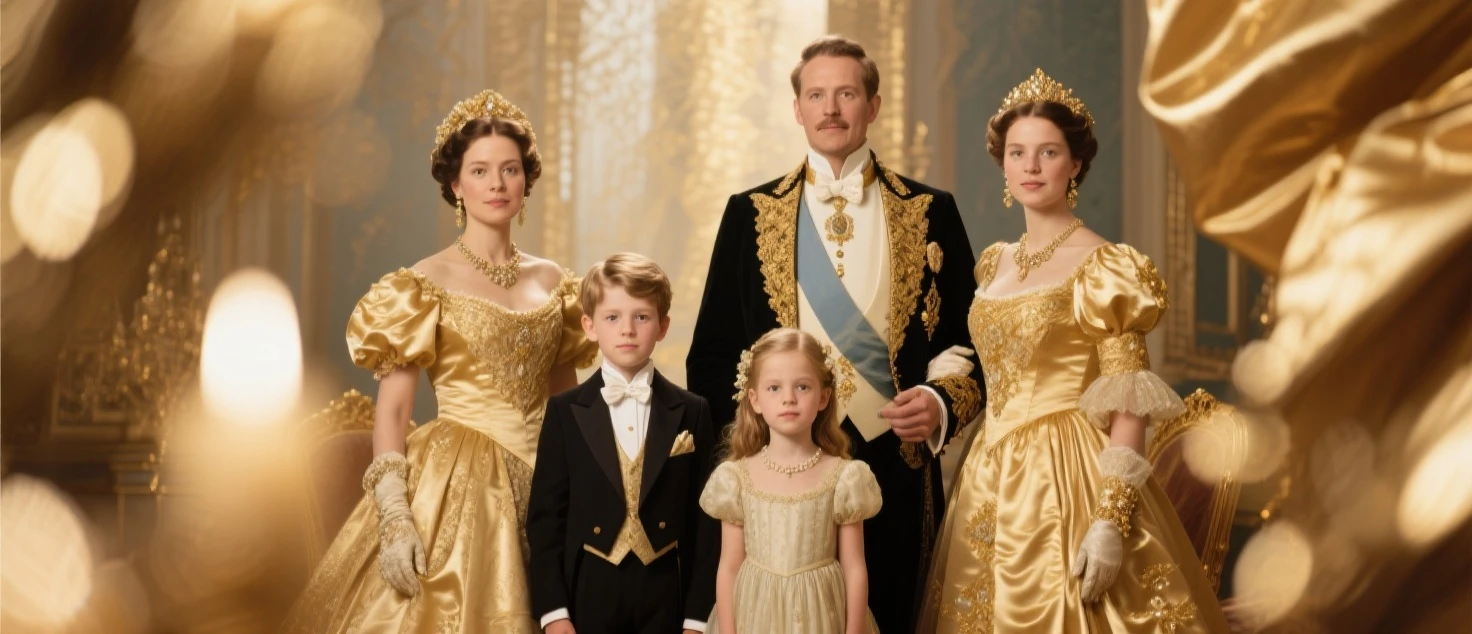 royal family with mother, father, two little princess and a prince wearing Europeans style regal clothes
