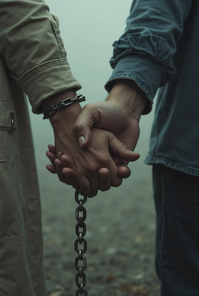 2 hands tied with black leather handcuffs on a cut meadow