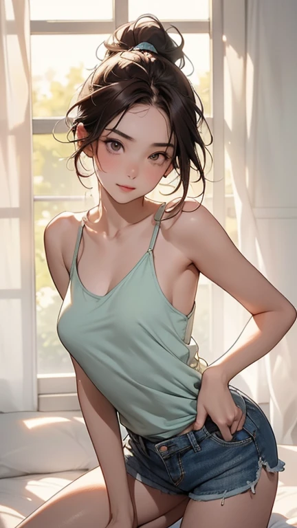 (1 girl),(masterpiece: 1.3), (beautiful: 1.2), (high quality: 1.2), (fine detail: 1.2), visible, (beautiful eyes: 1.5), portrait, realistic, 3D face, (bright eyes: 1.1), shiny hair, shiny skin, lonely, embarrassed, belly, brown hair, black eyes, (underwear: 1.3), full body, excellent anatomy, cute pose, cute hands, kameltoe.