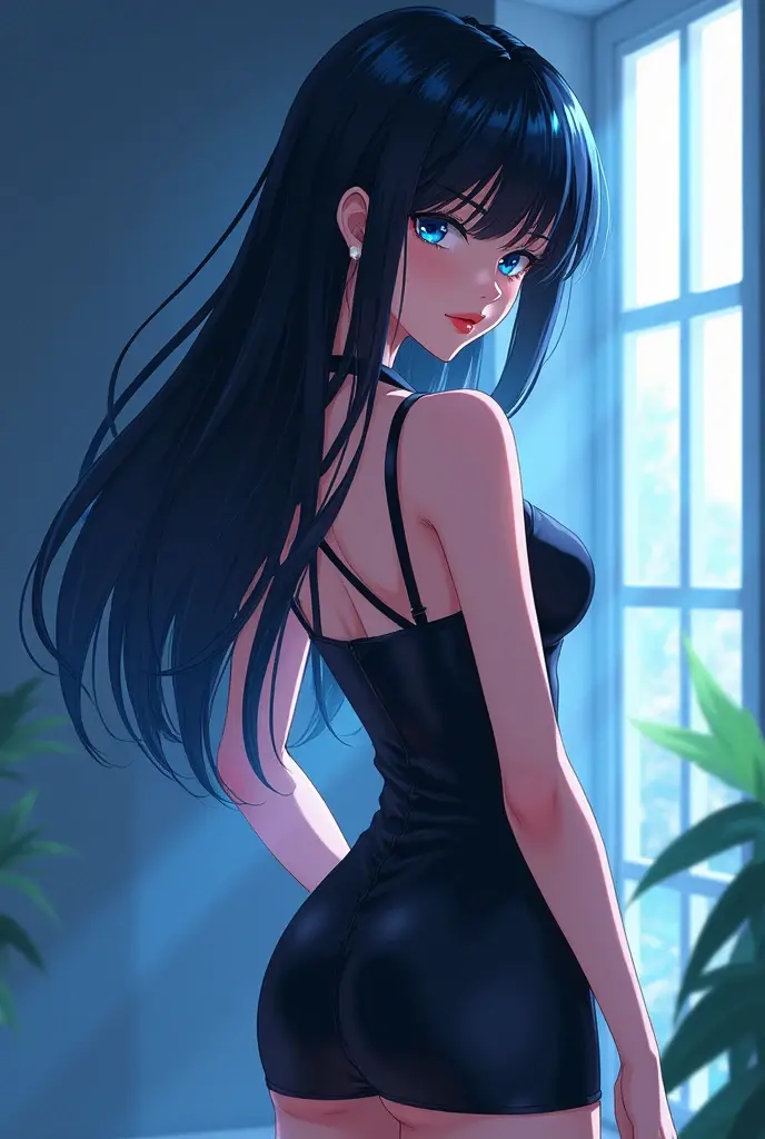 style: boku no hero academia pretty face, with bright blue eyes similar to Satoru Gojo's, lips with a little lipstick. Black colored hair, a little below the shoulders and straight, the thin body, with a little bust and a little big butt and tall.