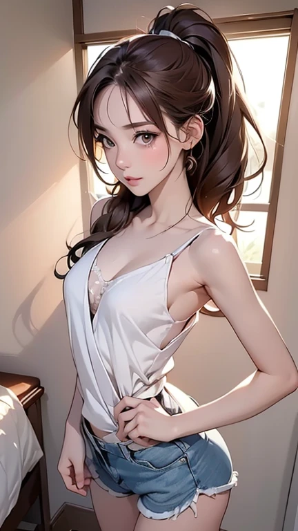 ((Best Quality, 8K, Masterpiece: 1.3)), 1girl, Slim Abs Beauty: 1.3, (Hairstyle Casual, ), Dress: 1.1, Super Fine Face, Delicate Eyes, Double Eyelids, Smile, Home, Suspenders, Shorts, Tank Top