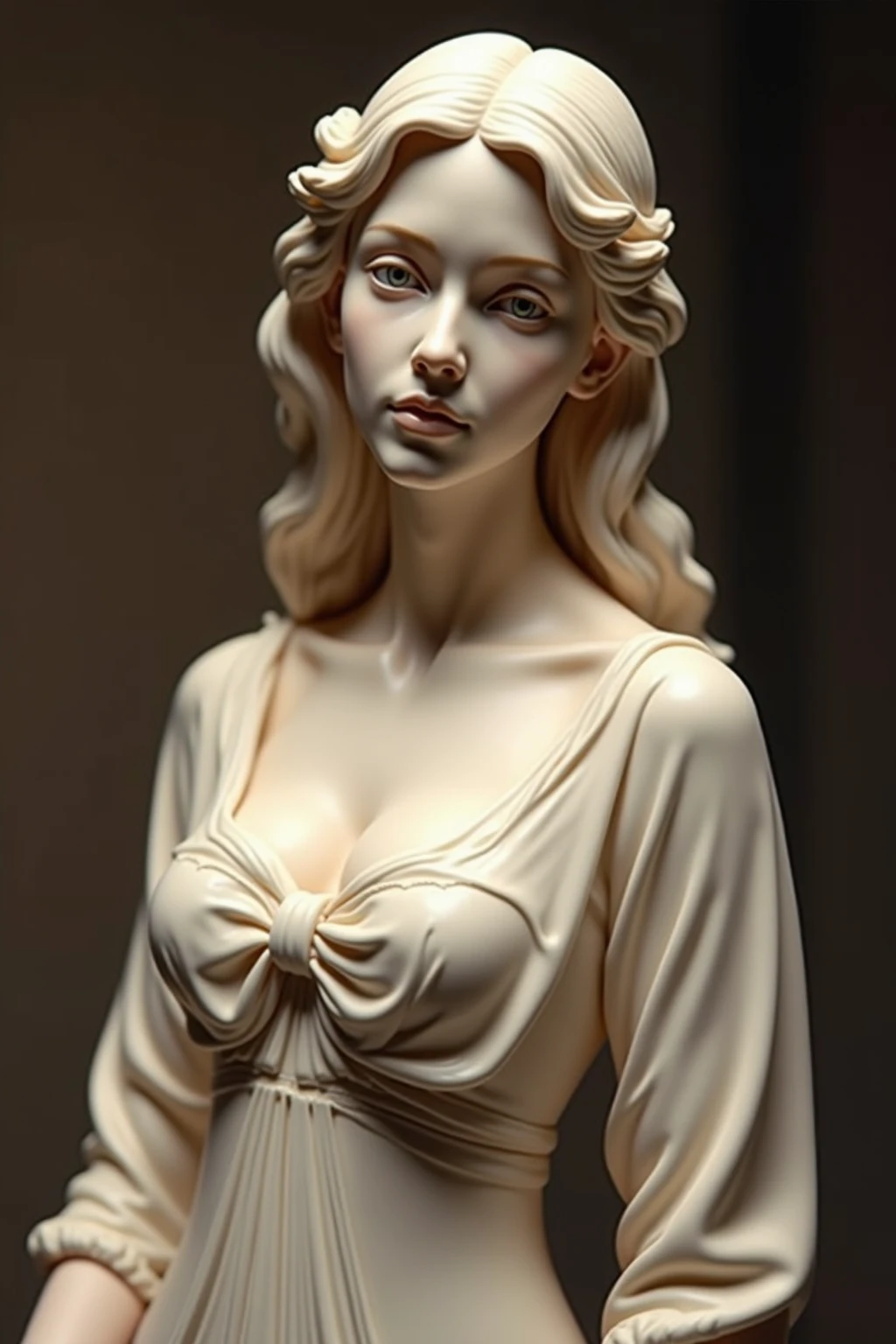 A gracefully aging sculptor meticulously carves a stunning statue of a captivating young woman. The sculpture, crafted in marble, captures the woman's ethereal beauty with delicate features and flowing hair cascading down her back. The artist's skill is evident in the lifelike expression on the woman's face, her eyes seemingly gazing into the distance with a hint of melancholy. The exquisite craftsmanship and attention to detail make this sculpture a masterpiece of timeless elegance.