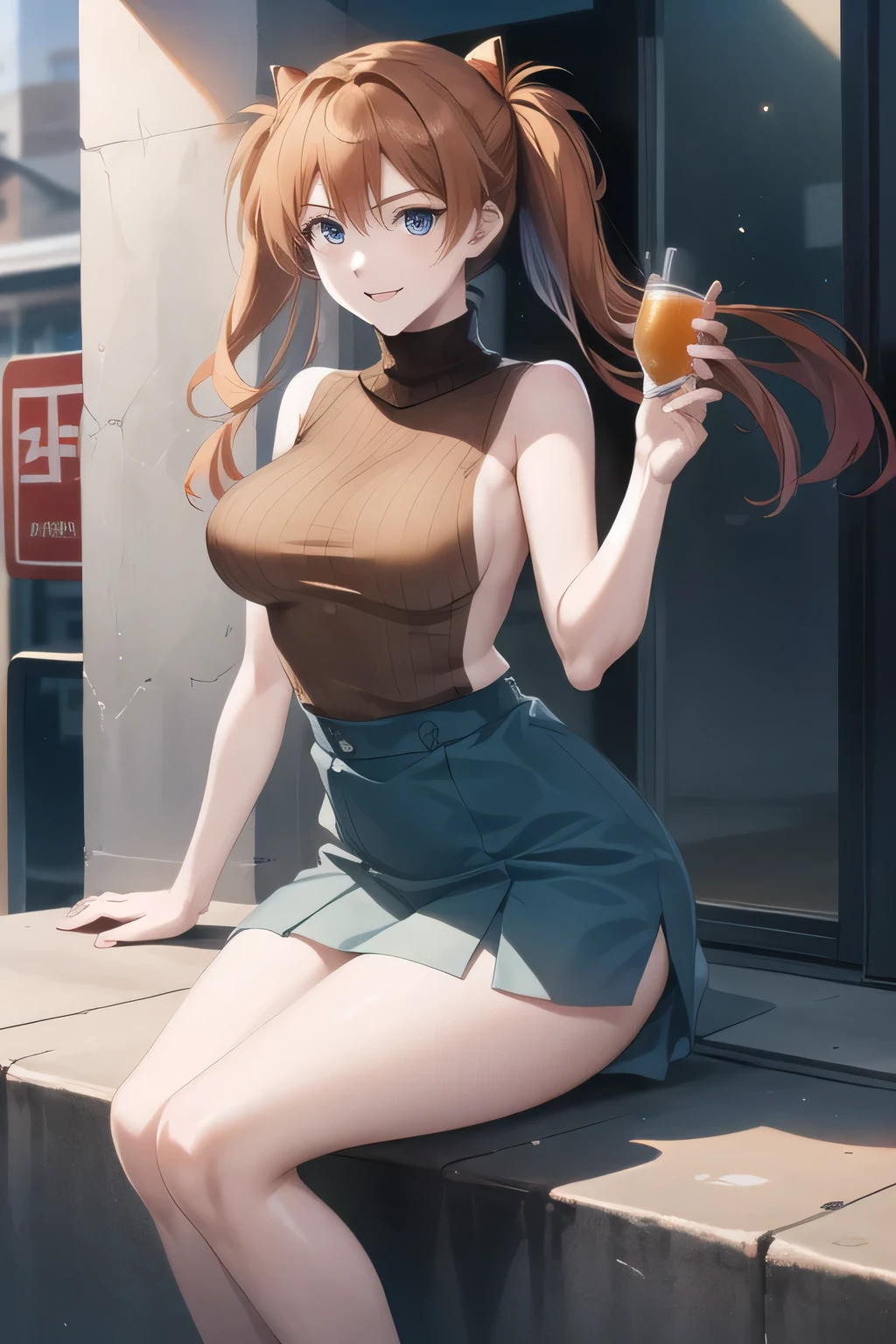 A woman with a lovely smile,wearing miniskirt police uniform,brown hair,Woman with twin tail hair,yellow sleeveless sweater,青色Pleated Mini Skirt,,Hide your chest with a costume,,accurate representation of hands and feet,,Beautiful Legs,,The face is absolutely necessary,Pleated Mini Skirt, city tour ,,(((And has a mature face))), ,(Let's draw a more delicate look),(sleeveless wool sweater),( Pleated Mini Skirt,white panties),(That work is enough for one person )、, , Big breasts, Thin Waist , , ,Faces are very important,The animated CG,