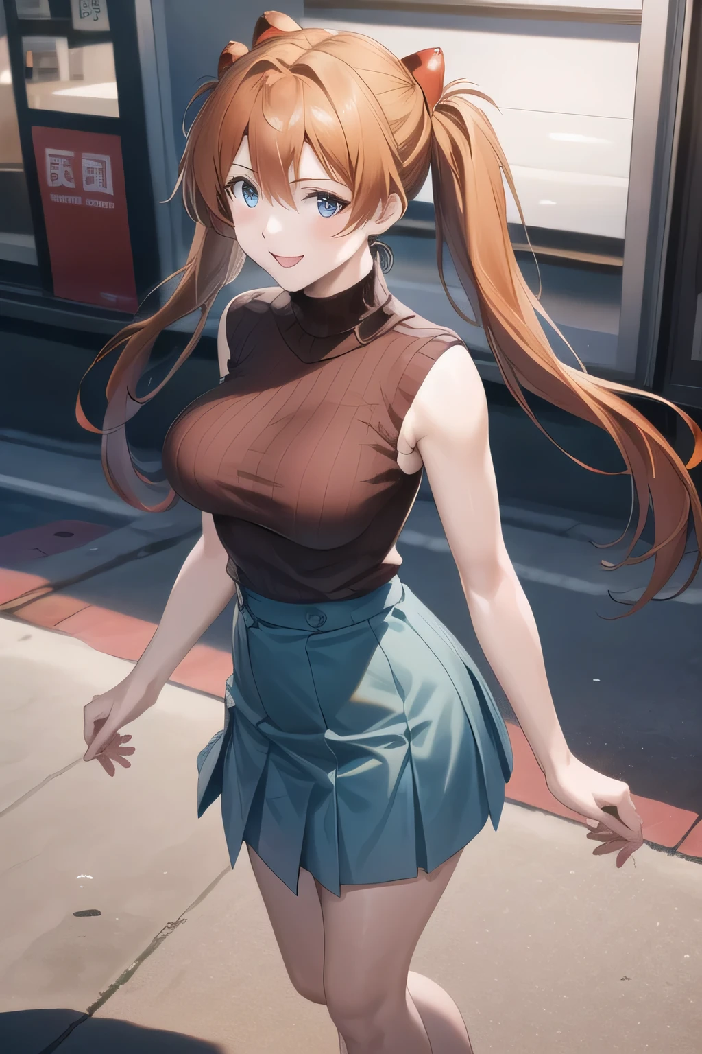 A woman with a lovely smile,wearing miniskirt police uniform,brown hair,Woman with twin tail hair,yellow sleeveless sweater,青色Pleated Mini Skirt,,Hide your chest with a costume,,accurate representation of hands and feet,,Beautiful Legs,,The face is absolutely necessary,Pleated Mini Skirt, city tour ,,(((And has a mature face))), ,(Let's draw a more delicate look),(sleeveless wool sweater),( Pleated Mini Skirt,white panties),(That work is enough for one person )、, , Big breasts, Thin Waist , , ,Faces are very important,The animated CG,