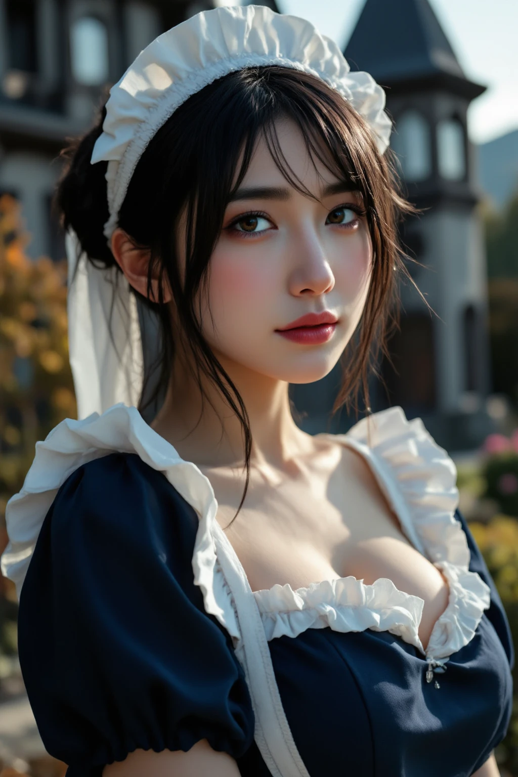 (8K, Raw photo, Best Quality, masutepiece:1.2), high-definition RAW color photography, professional photograpy, cowboyshot, (Realistic, photographrealistic:1.37), ((Best Quality)), 24-year-old woman, Cinematic Light, (finerly detailed face:1.2), (masutepiece:1.5), (Best Quality:1.2), (Mole:1), (Smiling:1.1), (Looking at Viewer:1.2), bowtie, (Detailed Maid:1.2), breasts on table, Large breasts