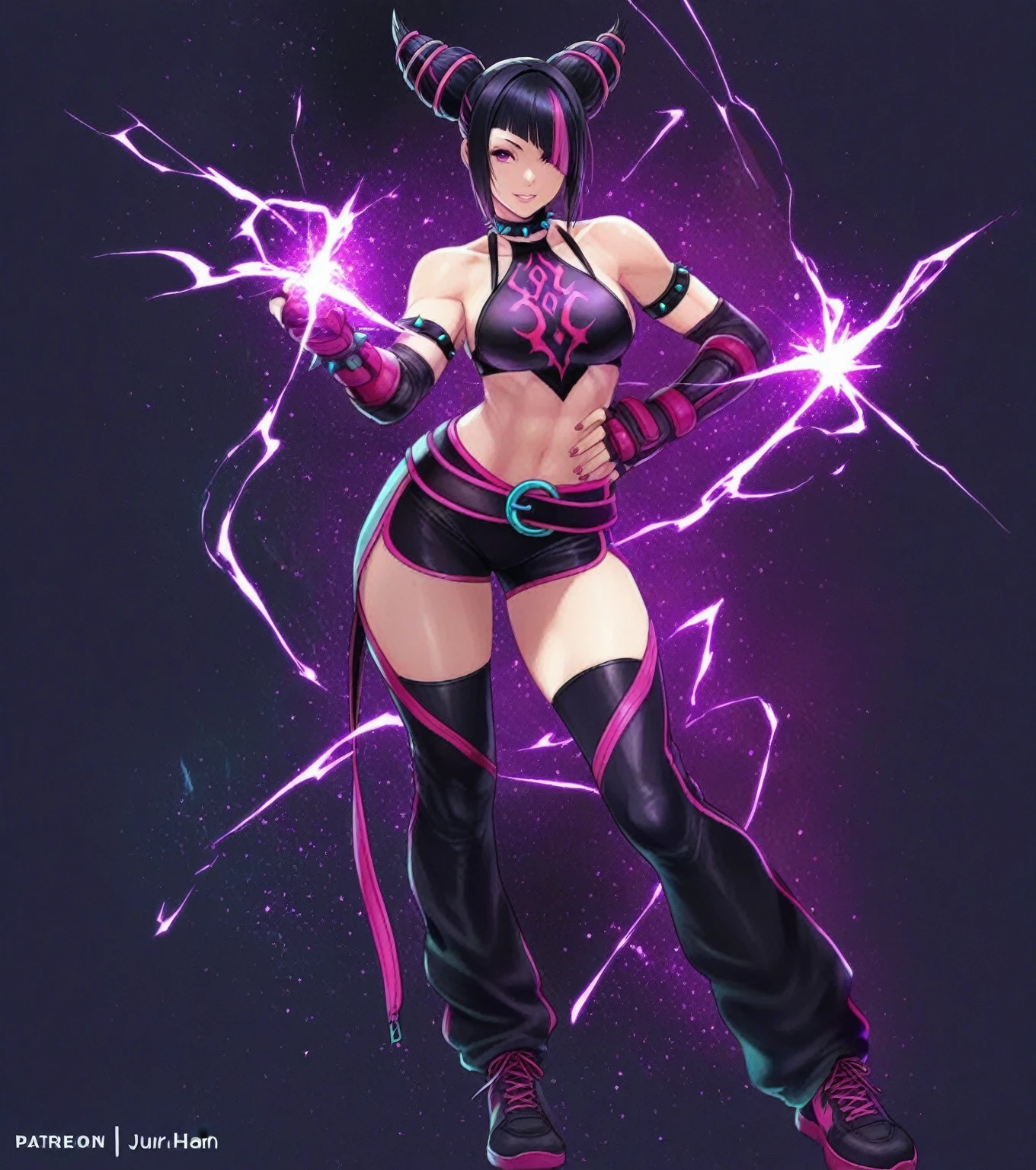 singing android, girl with ponytails, neon lights, gray rainy sky