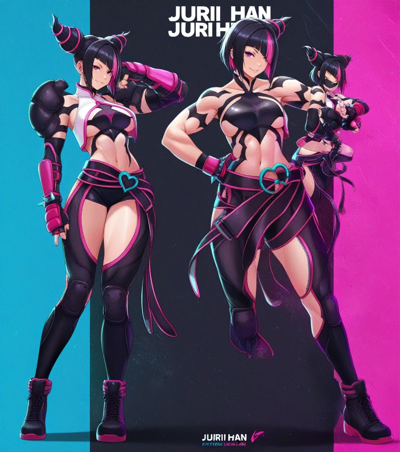 Erotic pink and black Lingerie ((Thong, bra Gloves and accessories))design inspired by jinx (teen titams) With long hair , in various views (front and back) ((Character sheet))