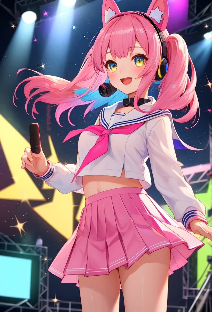 best quality, masterpiece, highres, solo, {tennouji_rina_loveliveschoolidolfestivalallstars:1.15}, pink_hair, bangs, ahoge, blunt_bangs, yellow_eyes, short_hair, blush, blunt_ends, 1girl, >_<, animal_ear_headphones, animal_ears, cat_ear_headphones, cat_ears, collarbone, fake_animal_ears, headphones, pink_neckerchief, puffy_short_sleeves, puffy_sleeves, sailor_collar, screen, shirt, short_sleeves, white_shirt, arm_warmers, midriff, navel, neckerchief, necktie, school_uniform, skirt, belt, pink_background, sparkle, white_skirt