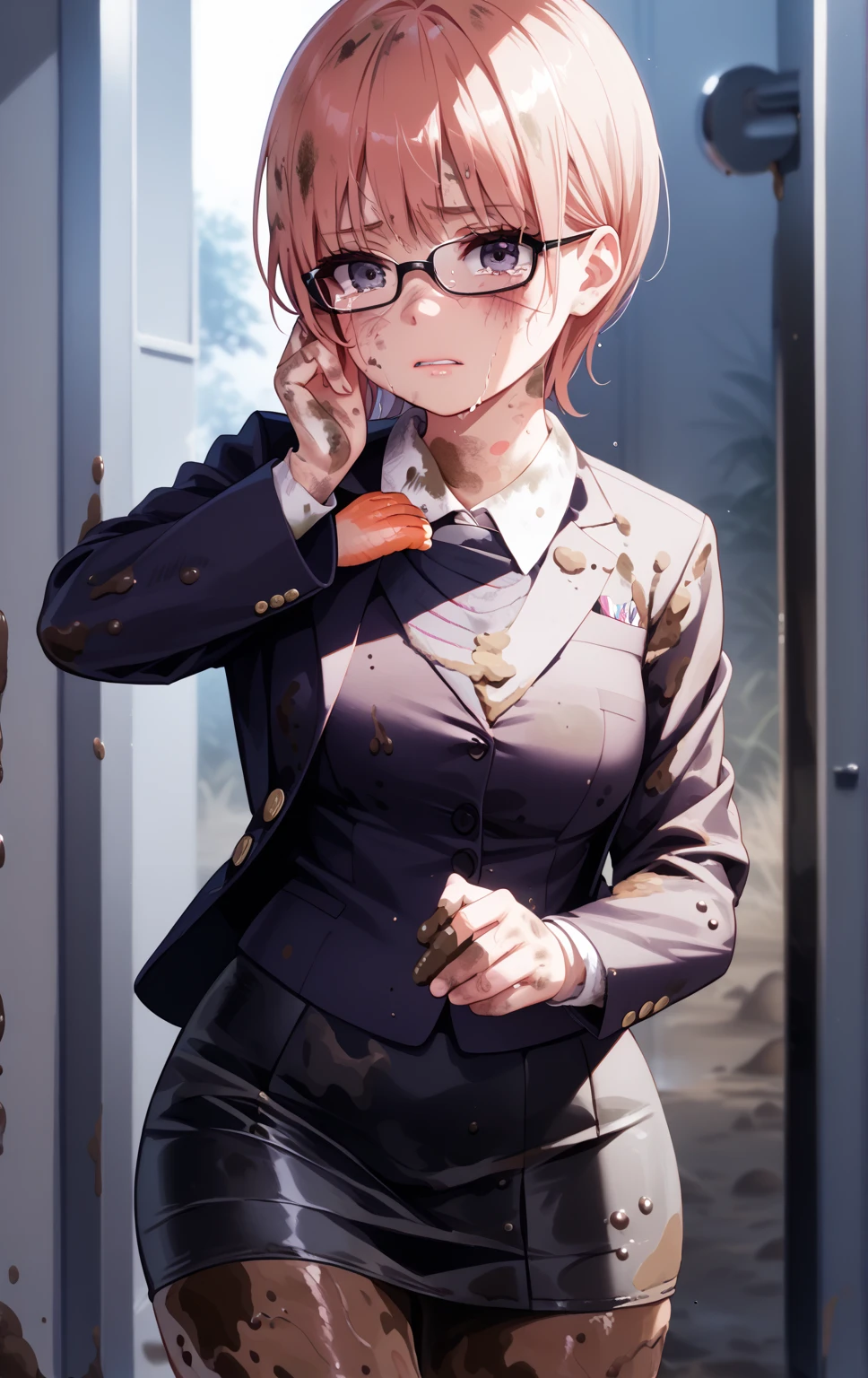 Marin kitagawa a female high schooler (my-dressed- up darling anime),deep blue check, short skirt, knee- level short skirt, black leg stockings, neck band, long white shirt sleeve folded up, with tie, blazer waist level. Bust size 199 cm, waist size 38 cm, hip 68 cm. Long light red hair, blue eyes star patterned, height 190 cm, spectacles, blushing, amazed 4k hd quality