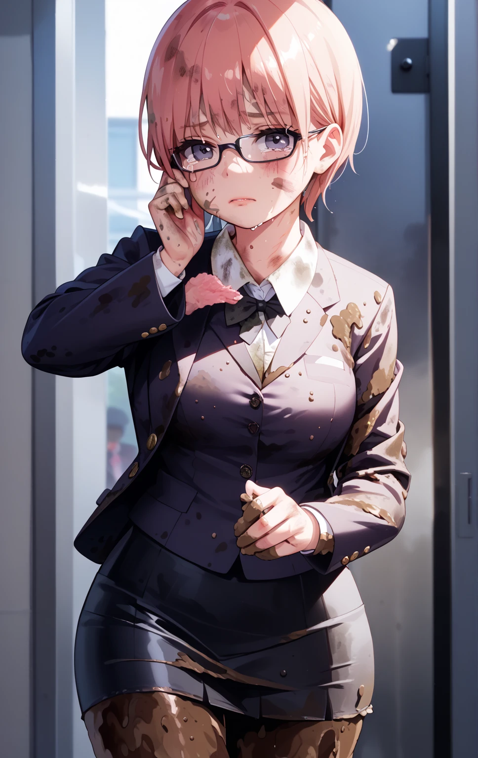 nsfw,uncensored,(highest quality,masterpiece:1.3),disorganized,High resolution,16K, 超High resolution, official art,figure,very detailed,Anime Color,perfect hands, perfect fingers, perfect legs),cawboy shot from front:1.0),cowboy shot,From side,1girl,独奏,idolmaster, (((Ritsuko Akizuki))), (19yo,beautiful girl,cute girl),(((beautiful dark brown eyes))),(beautiful dark brown hair), (((semilong hair))),(ponytails),(wet hair), (wet skin),((glasses:1.5)),(scatter sweat),(steam),(flat chests,midium breasts),OL, Akagi glasses, black suit jacket, Collared jacket, White dress shirt, Collared shirt, Neckline, button, Black pencil skirt, Black Pantyhose,Stiletto heels,((open clothes)),,,((green bra,green panty)),slip,no makeup, sweaty body),(beautiful eyes, shiny eyes), ((big eyes)),(a big smile),(embarrassed),((one eye closed)),(open mouths),((tongue out)),(deep breathing),(blush cheeks),saliva, (pubic brown hair:1.5), BSP, pussy juice dripping, (sex,doggy style),(tall man:1.2), (penis:1.2), (girl hold a penis:1.4), hetero, (cum out:1.2), looking at penis, indoor, 1girl have kneeling,office,night time,(bitch),(Commemorative photo:1.5),(spoken heart:1.7),(look at viewer),(IDcard:1.3),