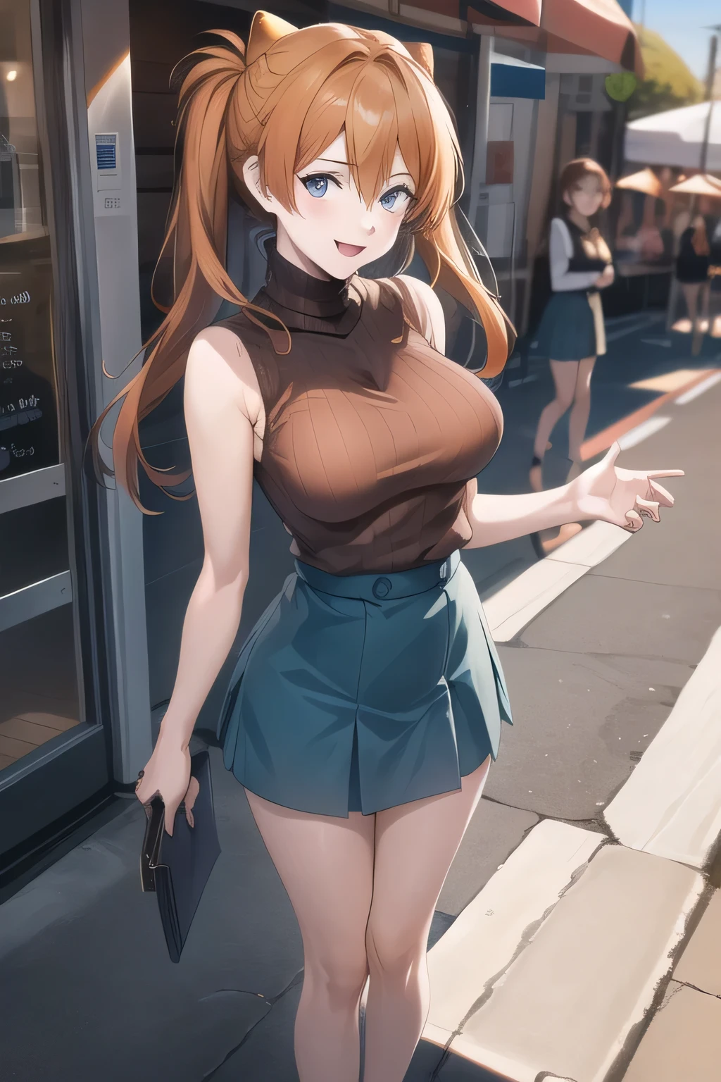 beautiful smiling woman ,miniskirt wearing a police uniform,brown hair,twin-tail haired woman laughing at the seaside,yellow sleeveless sweater,青色Pleated Mini Skirt,,Hide your chest with a costume,,accurate representation of hands and feet,,Beautiful Legs,,The face is absolutely necessary,Pleated Mini Skirt, city tour ,,(((and、 show me her mature ))), ,(Let's draw a more delicate look),(sleeveless wool sweater),( Pleated Mini Skirt,white panties),(That work is enough for one person )、, , Big breasts, Thin Waist , , ,Faces are very important,animated CG,