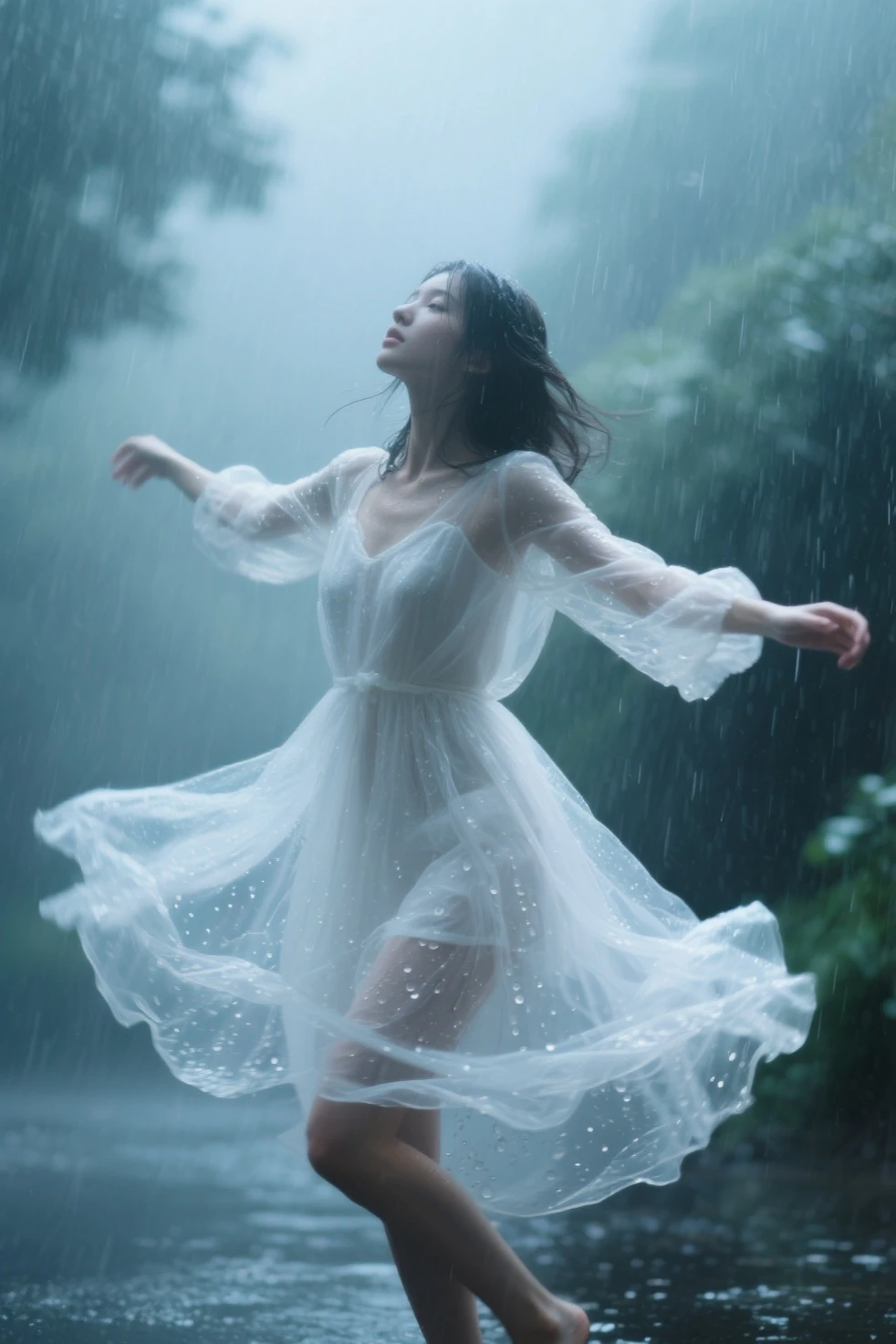 Photo of a woman made of water,Dancing in the water,Covered in water particles,Splashの顔,water flowing,Covered in water,The hair ends with the water flow,Water explosion,Splash,
