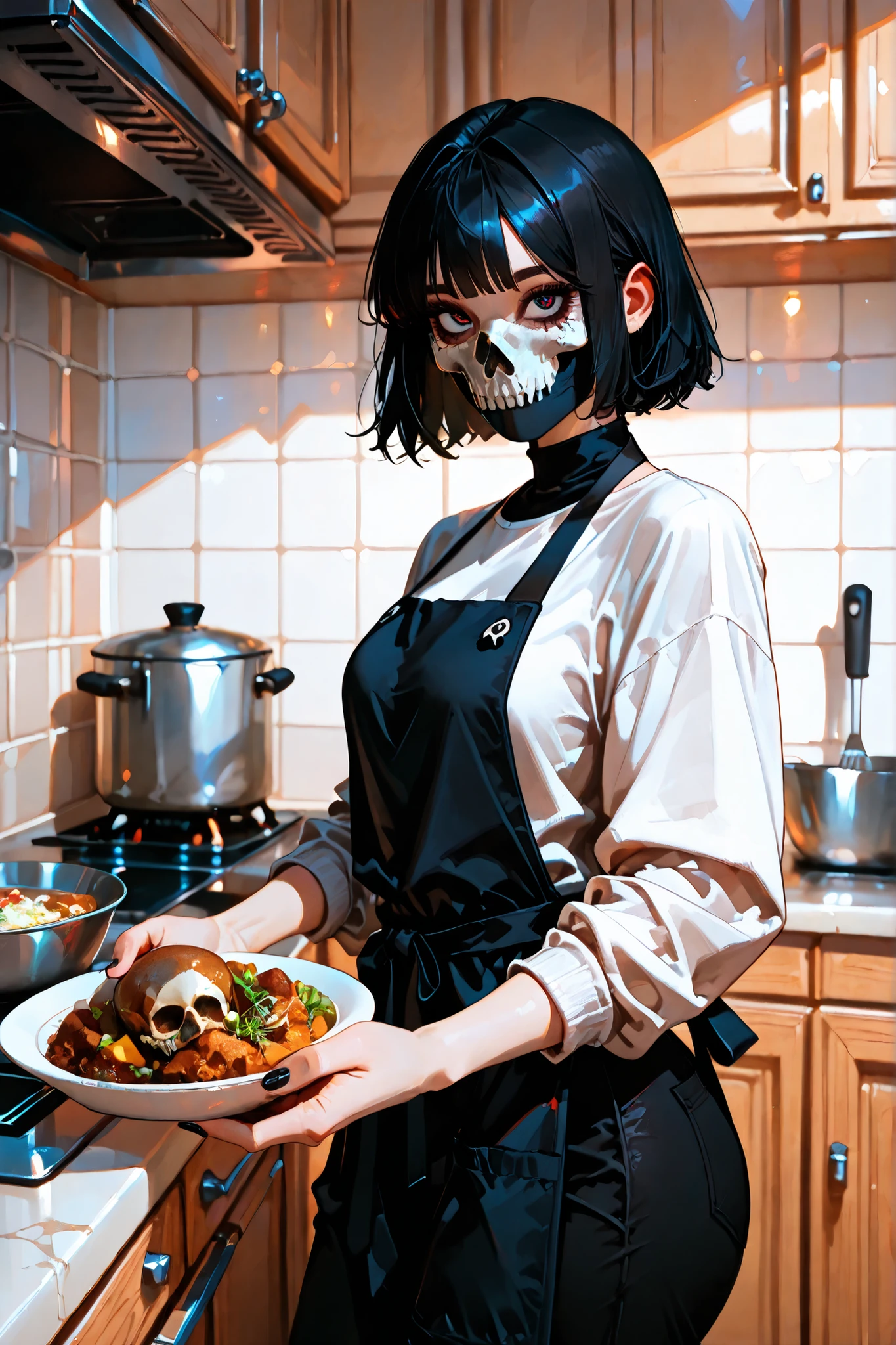 (SuperQuality:1.0) ~ (SuperQuality:1.2), detailxl, girl, Solo, High Resolution, Best Quality, High Details, Super Detailed, kitchen, (simon_riley), ((skull_mask)), black apron, white undershirt, short hair, black hair, long nails, black nails, looking at viewer, black pants, serving food, beautiful eyes, big eyes,
