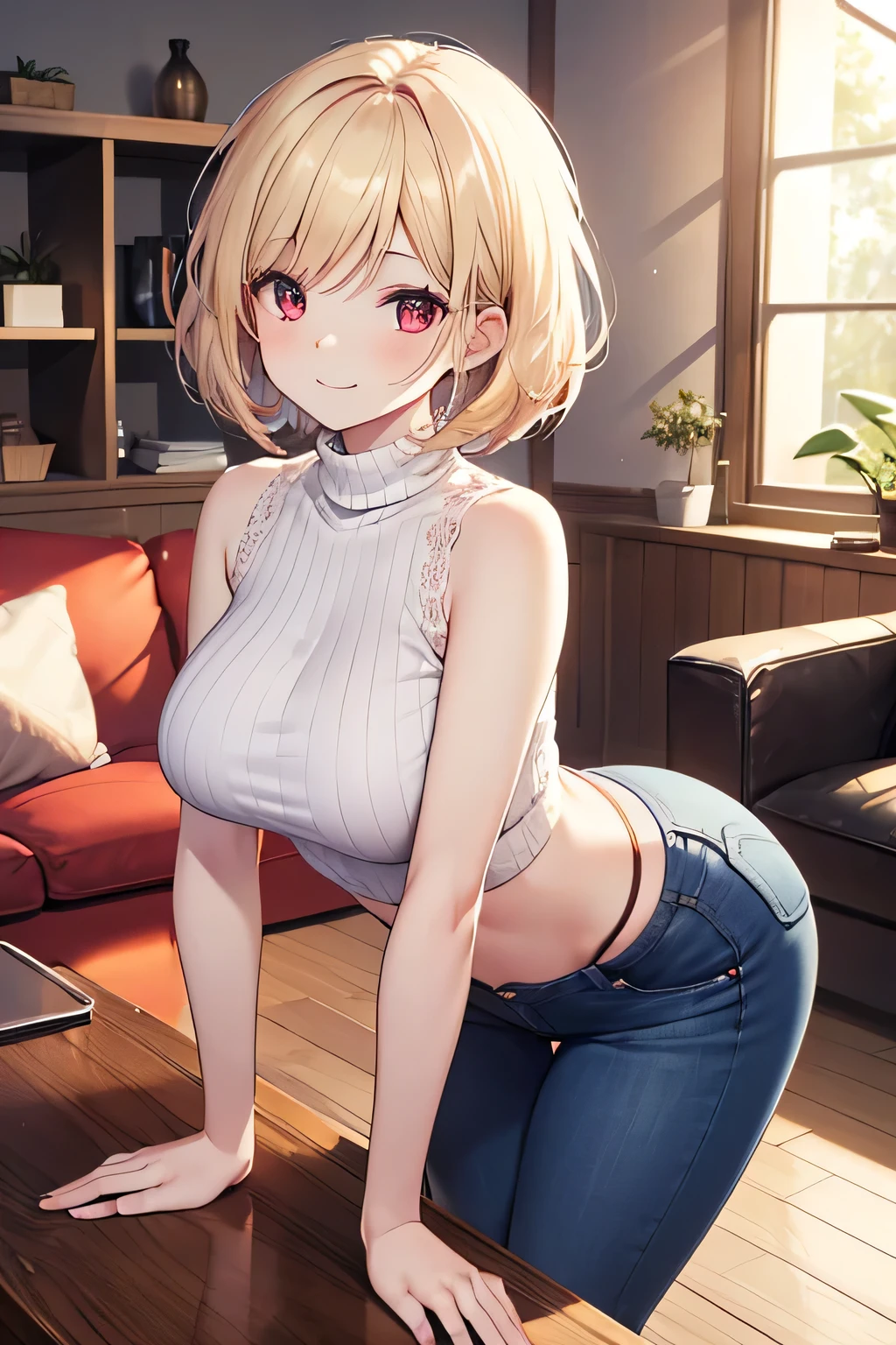 masterpiece, best quality, highres, serena \(pokemon\), short hair, blue eyes, 1girl, solo, thighhighs, red thighhighs, sleeveless, bangs, turtleneck, grey turtleneck, sleeveless turtleneck, skirt, red skirt, striped skirt, short skirt, cowboy shot, indoors, blonde, curvy, sitting, teenager, skinny, happy, gonzarez1938, view from side